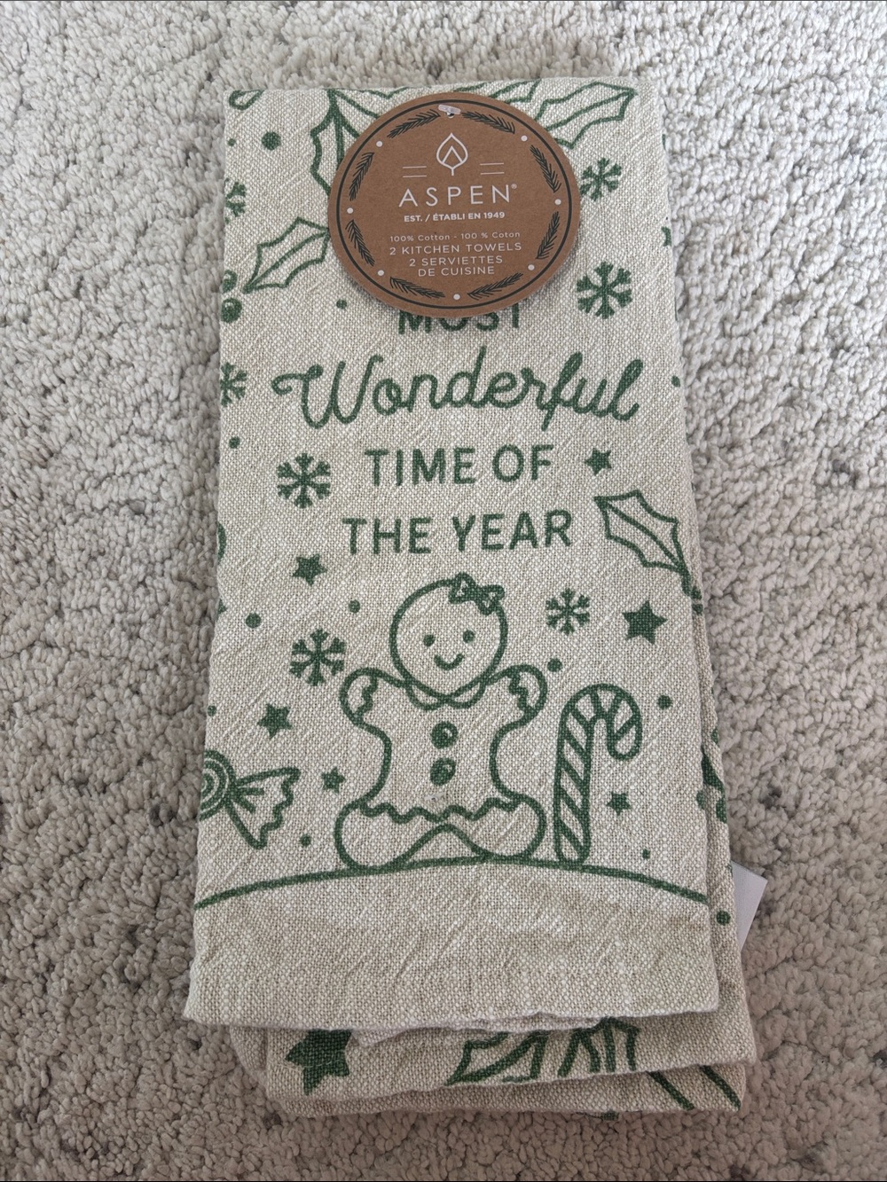 Aspen Cream And Green 'Most Wonderful Time of the Year' Kitchen Christmas Towels
